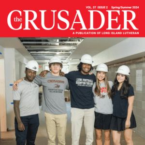 magazine cover with students standing in construction zone